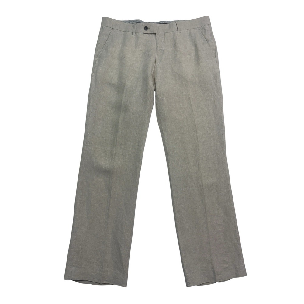 Beige 100% Linen Dress Pants 36x32‎ Flat Front Lightweight Trouser Mens Straight